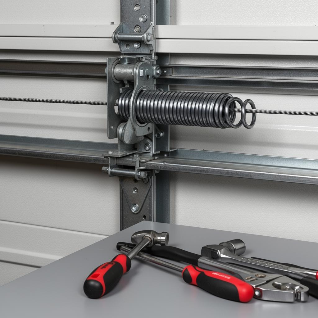 garage door repair project in or near Downpatrick — Engineer servicing a residential garage door spring